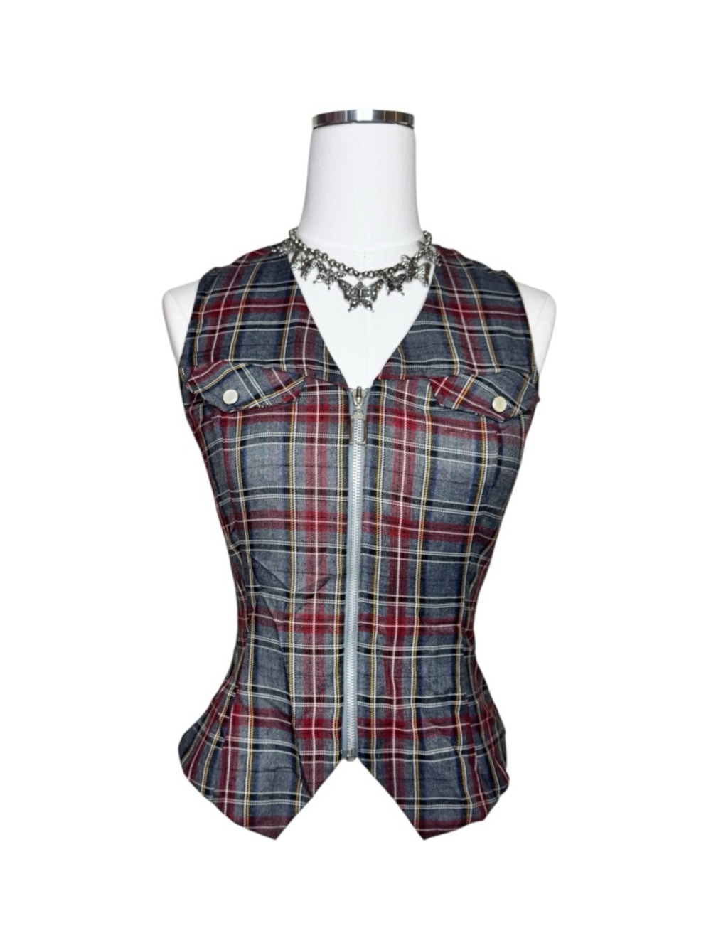 Y2K R-wear Rampage Red + Gray Plaid Zip-Front Vest Size Small